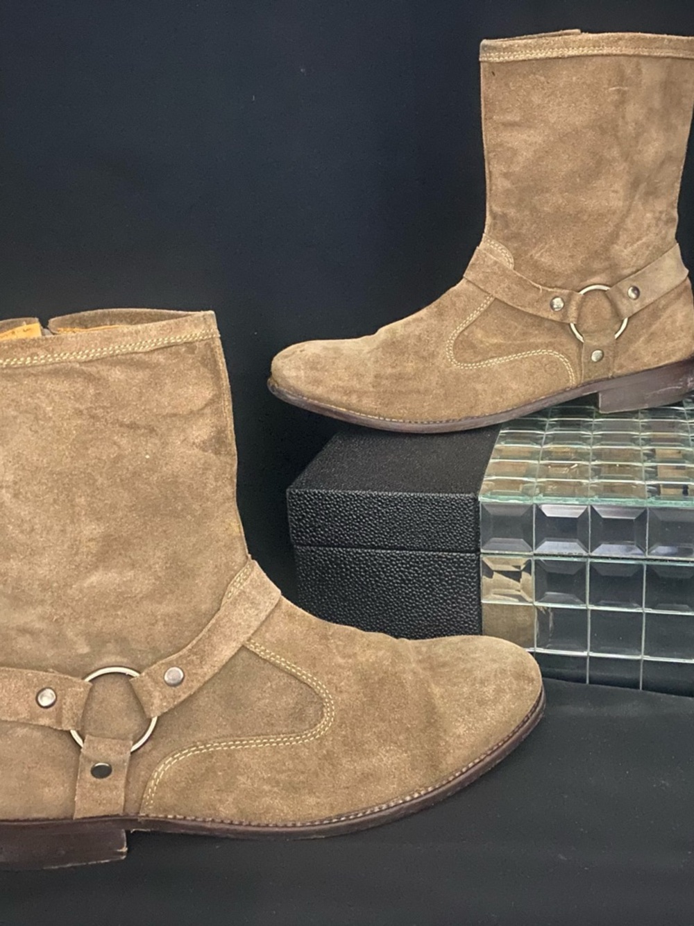 Tan Suede Harness Ankle Boots